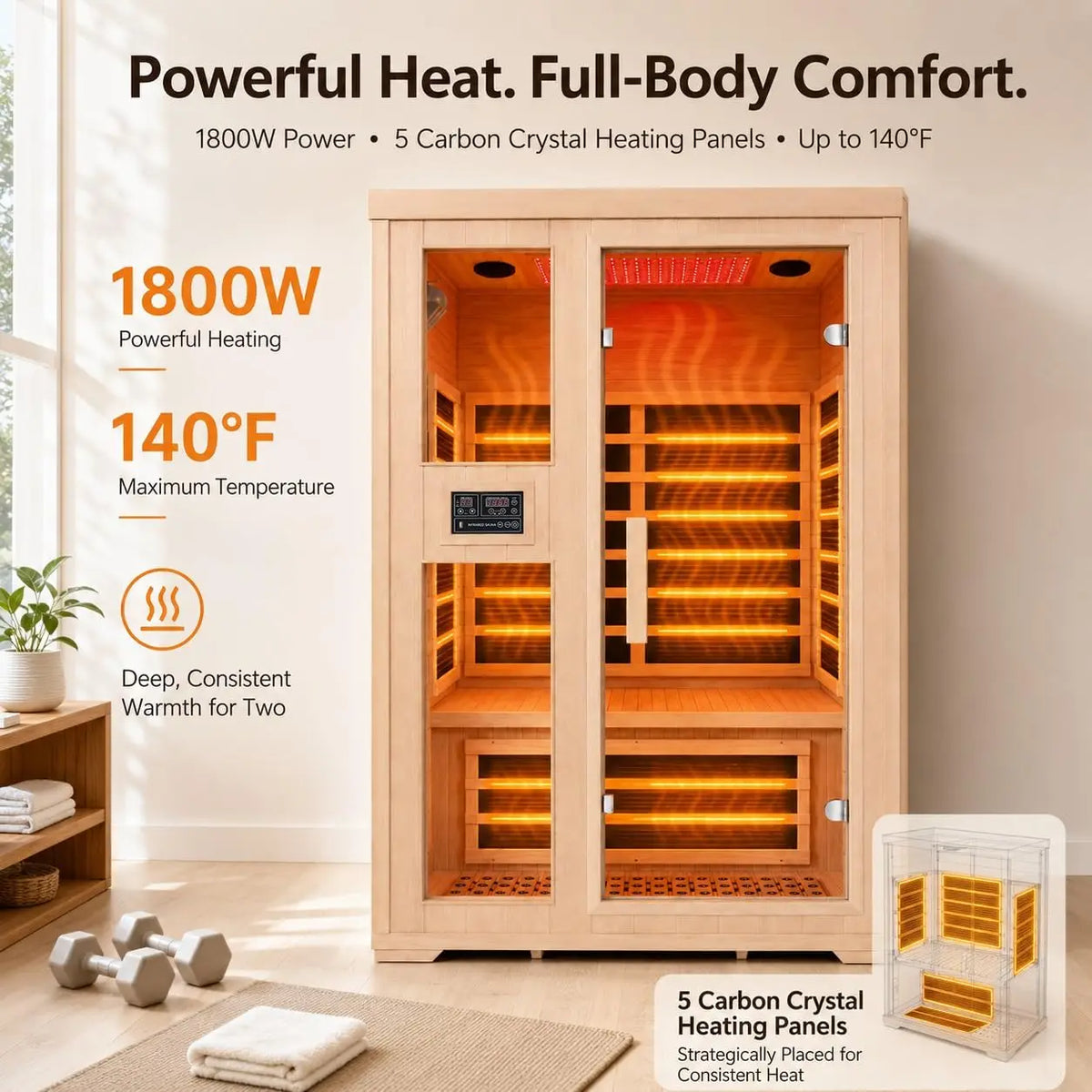 2 Person Indoor Home Infrared Sauna Room for Home Gym, Canadian Hemlock Wood, 616 * 220mm Red Light Beauty System, Fast, Custom