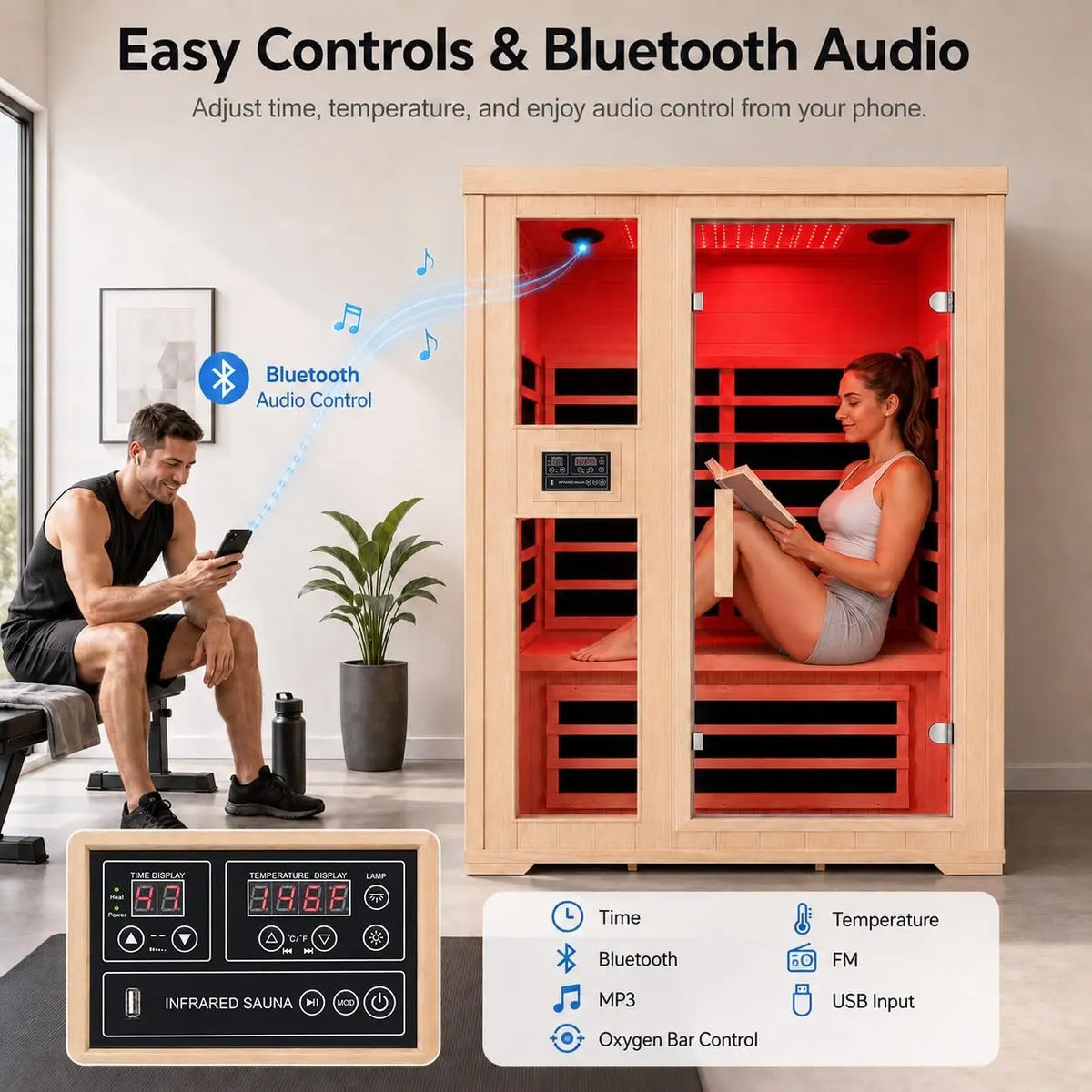 2 Person Indoor Home Infrared Sauna Room for Home Gym, Canadian Hemlock Wood, 616 * 220mm Red Light Beauty System, Fast, Custom