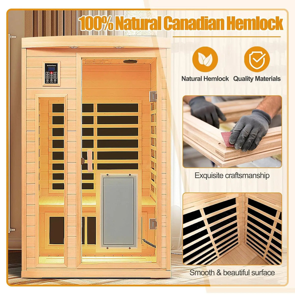Ultra Low EMF 2 Person Infrared Sauna, 1750W 15A Far Infrared Saunas for Home, Canadian Hemlock Wood Sauna Indoor, Customized