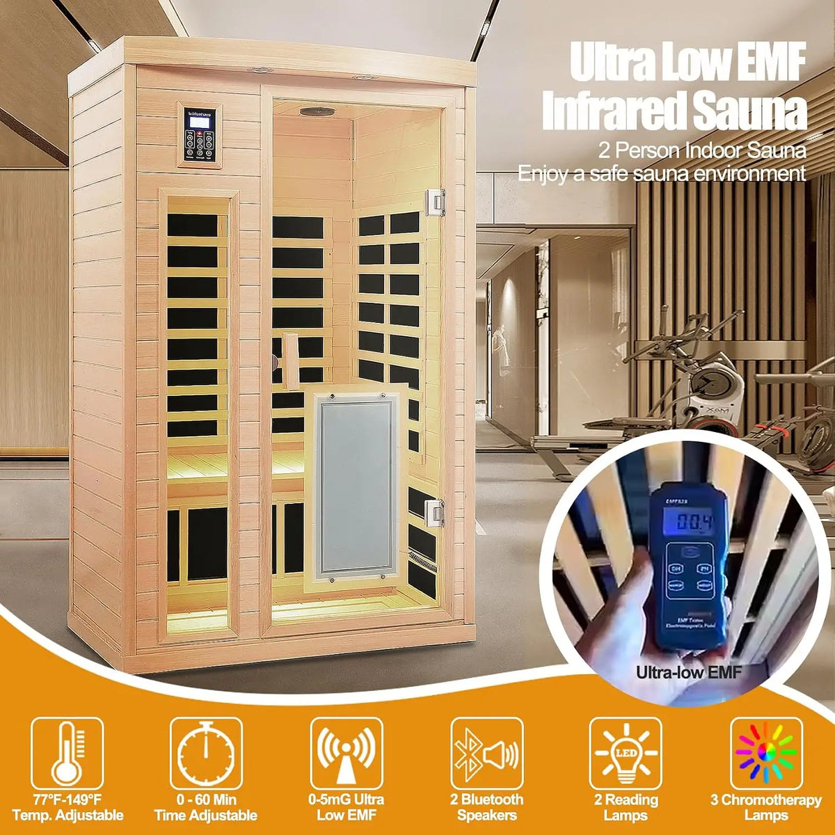 Ultra Low EMF 2 Person Infrared Sauna, 1750W 15A Far Infrared Saunas for Home, Canadian Hemlock Wood Sauna Indoor, Customized