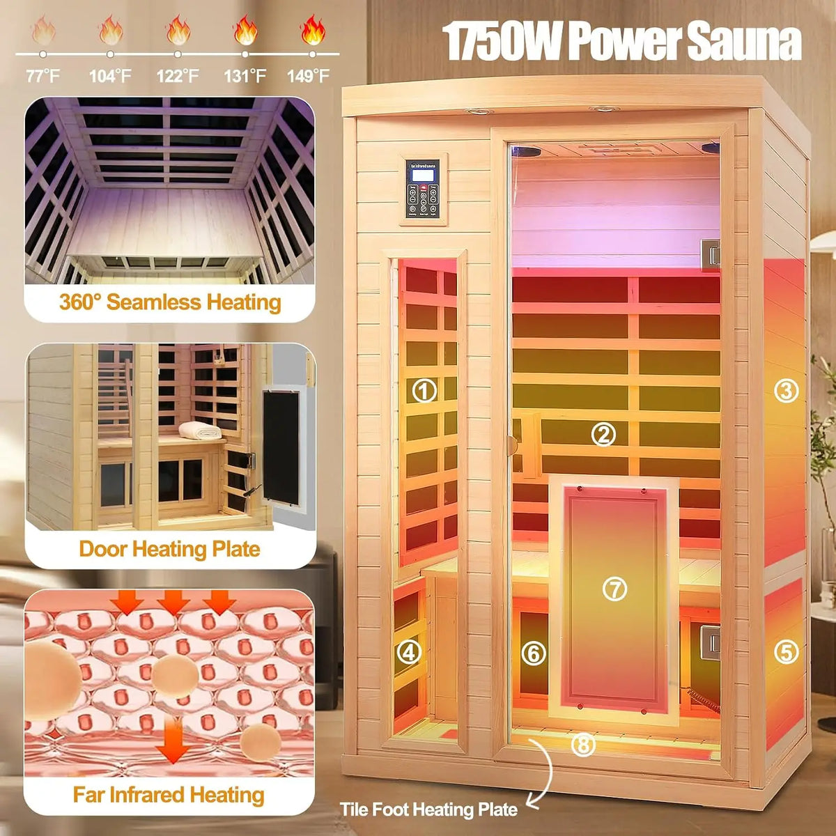 Ultra Low EMF 2 Person Infrared Sauna, 1750W 15A Far Infrared Saunas for Home, Canadian Hemlock Wood Sauna Indoor, Customized