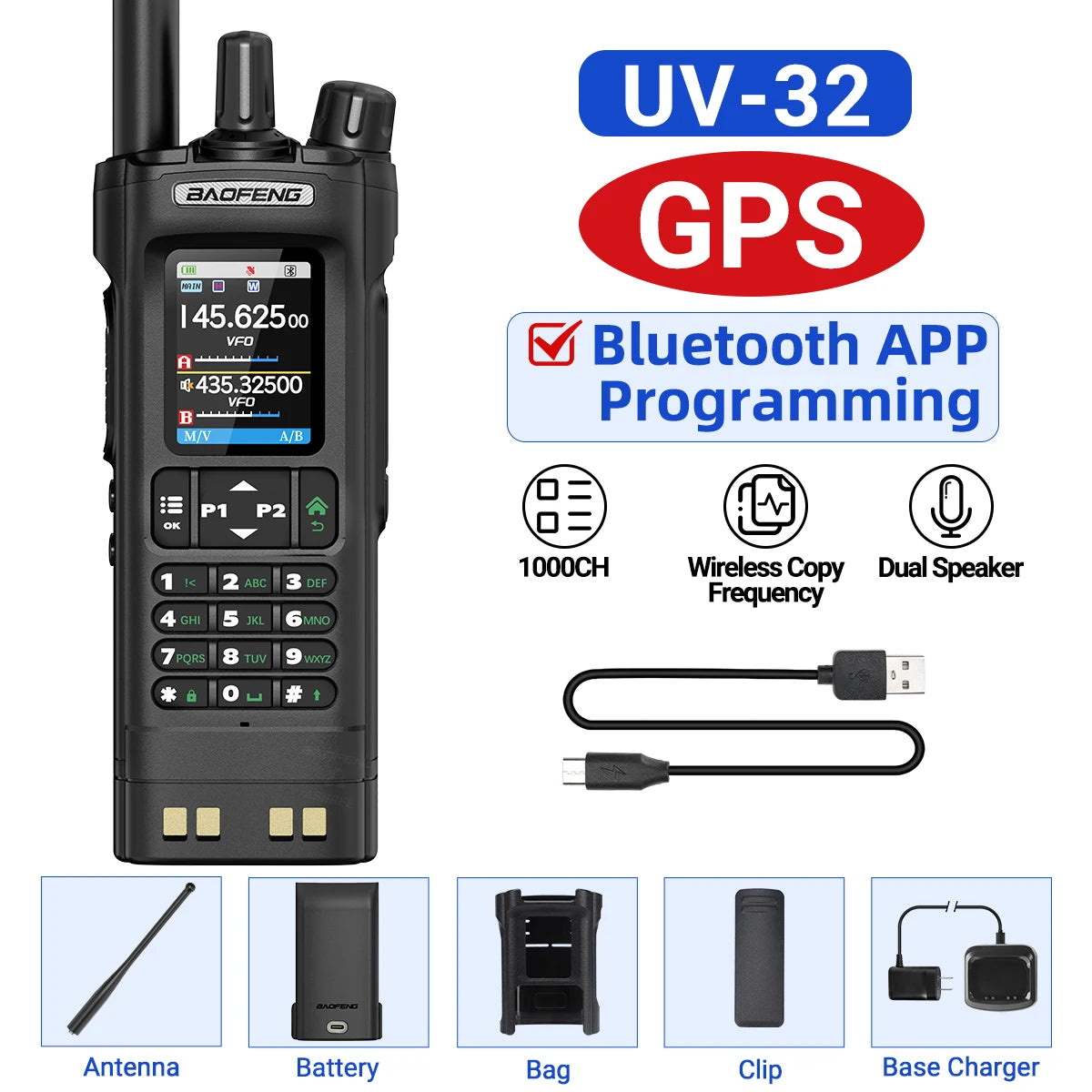 BAOFENG UV-32 GPS Walkie Talkie 10W Multi Band Bluetooth Programming Wireless Copy Frequency NOAA Long Range Ham Two Way Radio