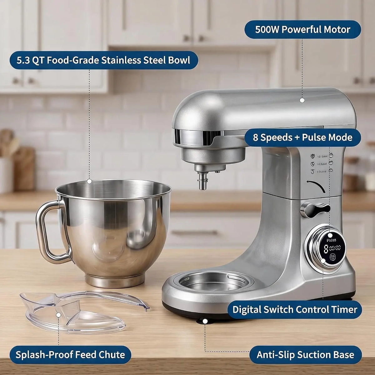 Tacleekii 5.3 QT Tilt-Head Stand Mixer 8-Speed Electric Kitchen Mixer with 500W Motor Stainless Steel Bowl Dough Hook Stainless Whisk Beater & Splash Guard for Bread, Cake, Cookies & Whipping