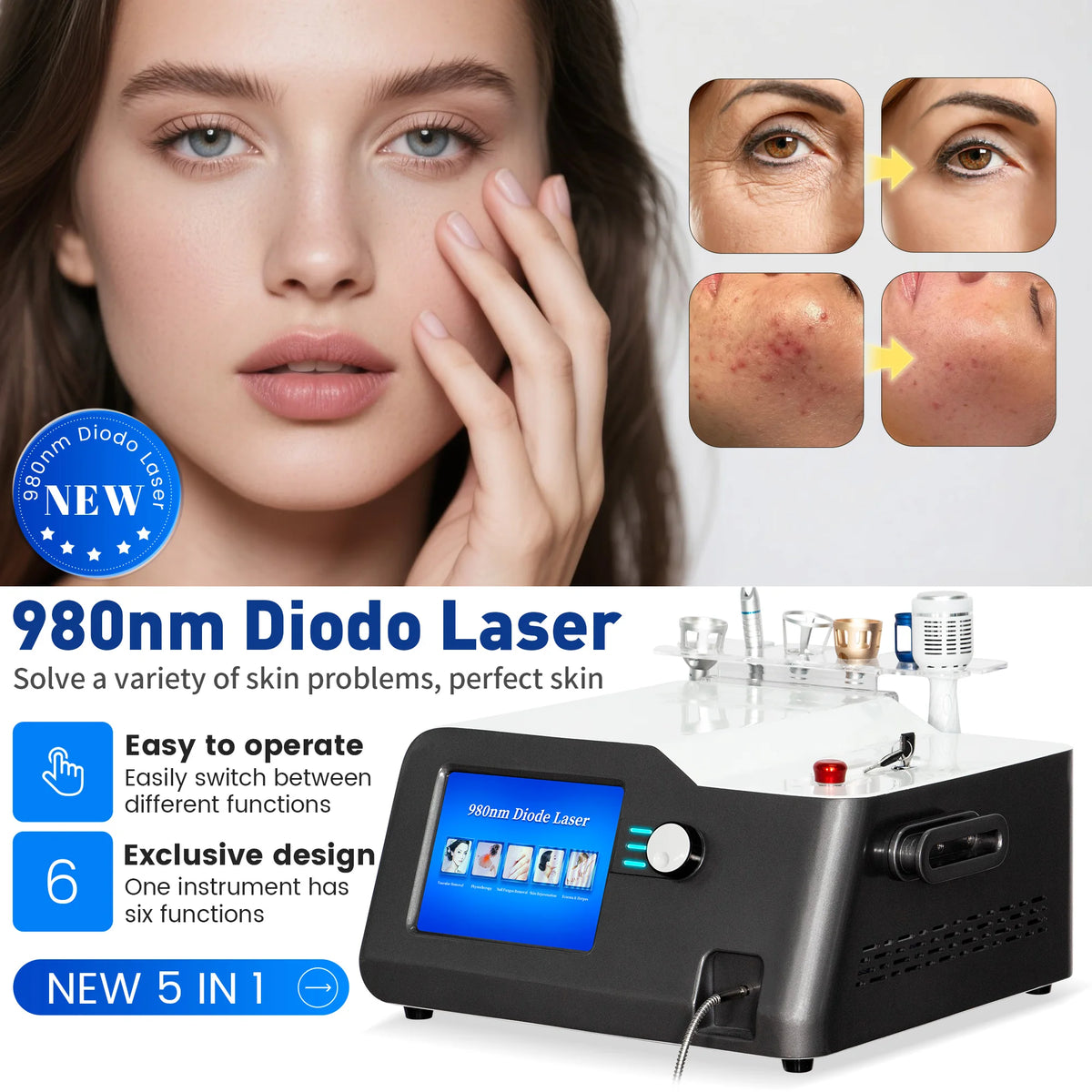 5in1  Diode Lase Vascular Removal Machine 980nm New Remove Spider Veins Nail Fungus Best for Blood Vessels Removal