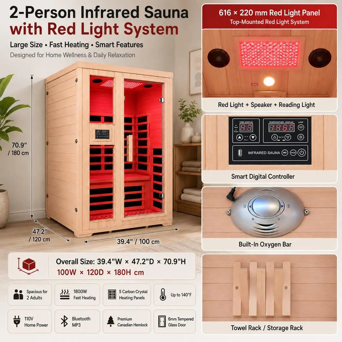 2 Person Indoor Home Infrared Sauna Room for Home Gym, Canadian Hemlock Wood, 616 * 220mm Red Light Beauty System, Fast, Custom