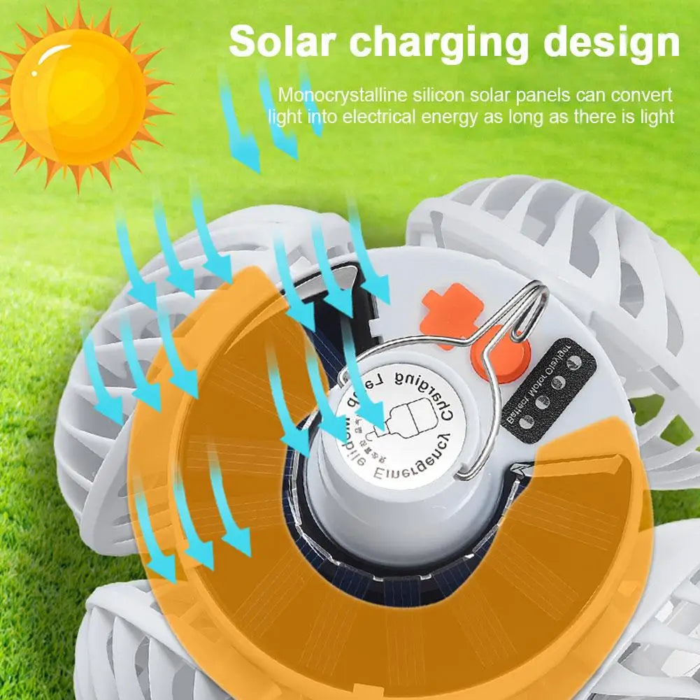 Portable Foldable Ceiling Fan Light LED Solar Bulb Lamp With 4 Mini Fan For Outdoor Camping Cooling Fan Night Light