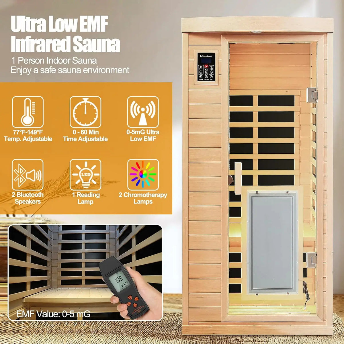 Far Infrared Sauna 1 Person Infrared Home Sauna Room 0-5mG Utra Low EMF Home Sauna Spa 1460W Canadian Hemlock, Customized