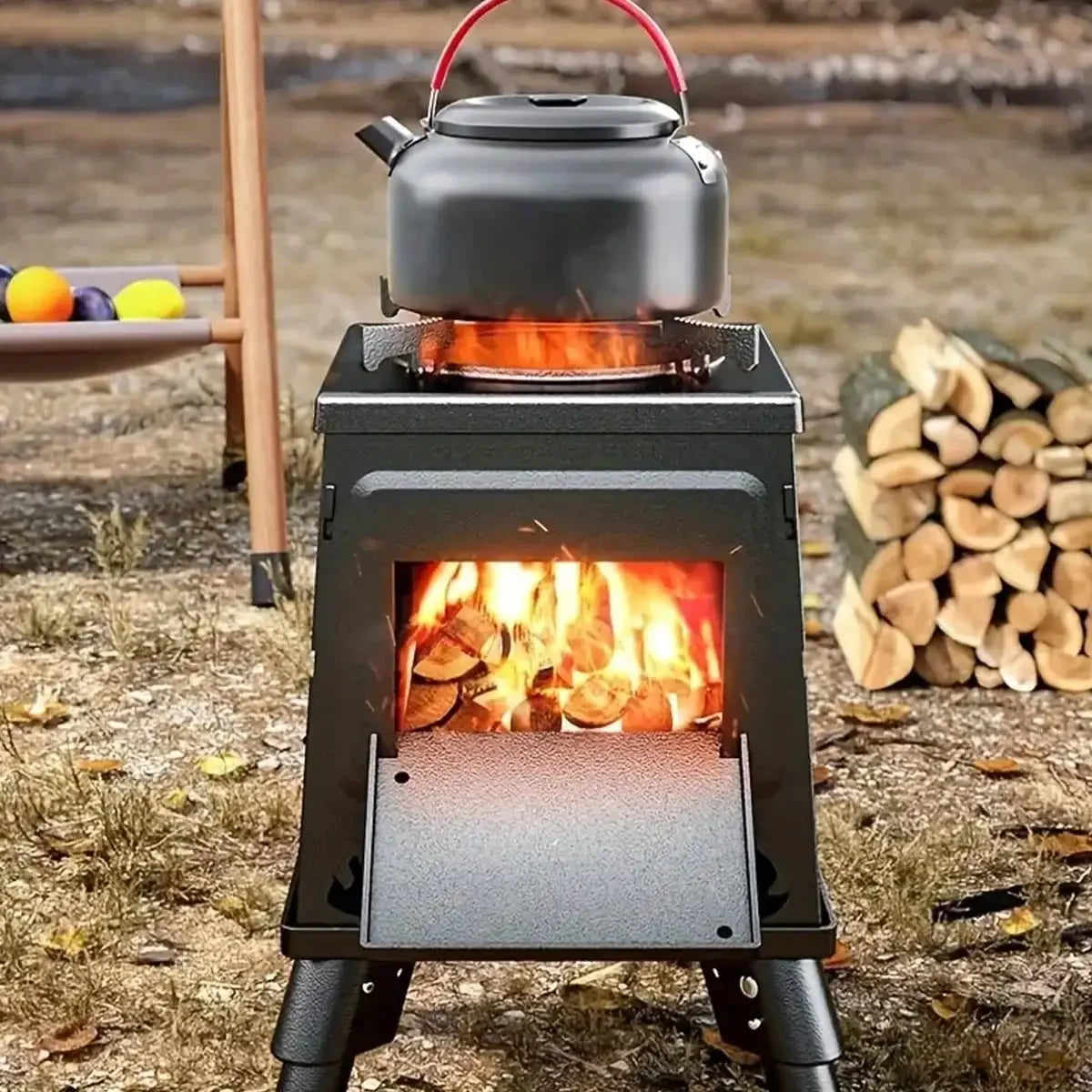 Wood Burning Camp Stove Portable Cast Iron Wood Stove For Outdoor Hiking Picnic BBQ Travel Black