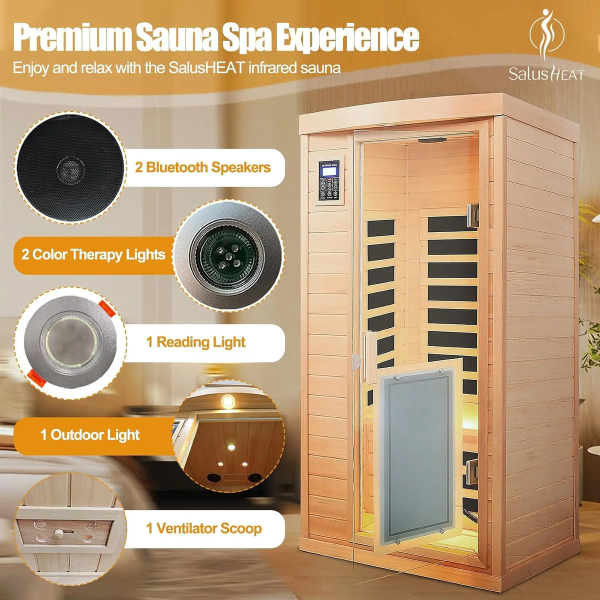 Far Infrared Sauna 1 Person Infrared Home Sauna Room 0-5mG Utra Low EMF Home Sauna Spa 1460W Canadian Hemlock, Customized