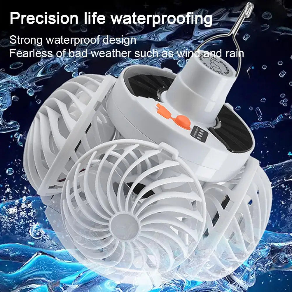 Portable Foldable Ceiling Fan Light LED Solar Bulb Lamp With 4 Mini Fan For Outdoor Camping Cooling Fan Night Light