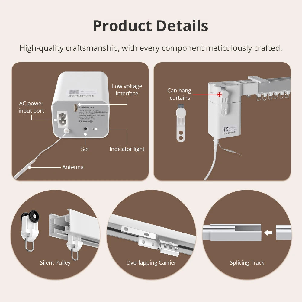 Zemismart Matter Over Thread Smart Motorized Curtain with Splicing Track Work with Homekit SmartThings Google Home Assistant