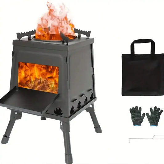 Wood Burning Camp Stove Portable Cast Iron Wood Stove For Outdoor Hiking Picnic BBQ Travel Black