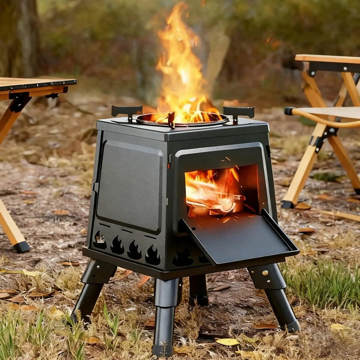 Wood Burning Camp Stove Portable Cast Iron Wood Stove For Outdoor Hiking Picnic BBQ Travel Black