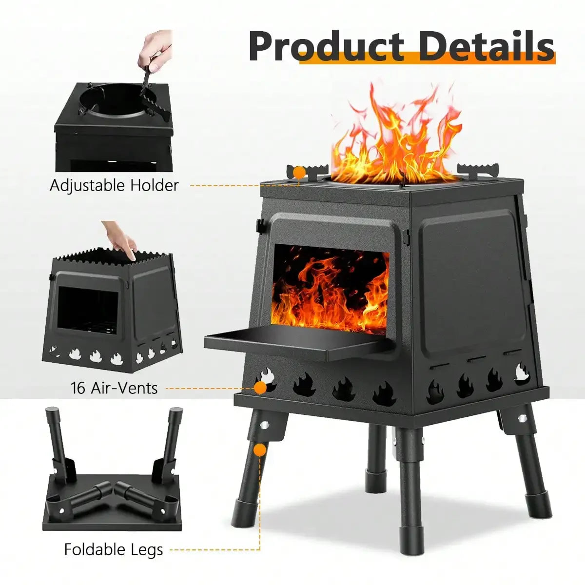 Wood Burning Camp Stove Portable Cast Iron Wood Stove For Outdoor Hiking Picnic BBQ Travel Black