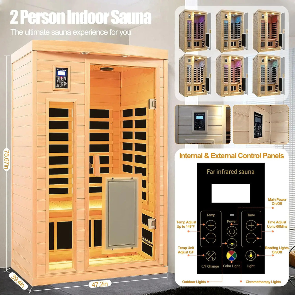 Ultra Low EMF 2 Person Infrared Sauna, 1750W 15A Far Infrared Saunas for Home, Canadian Hemlock Wood Sauna Indoor, Customized